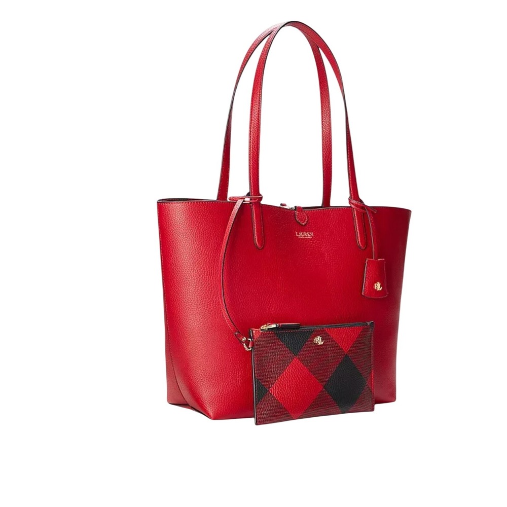 Lauren Ralph Lauren Red Leather Tote with Plaid Pouch
